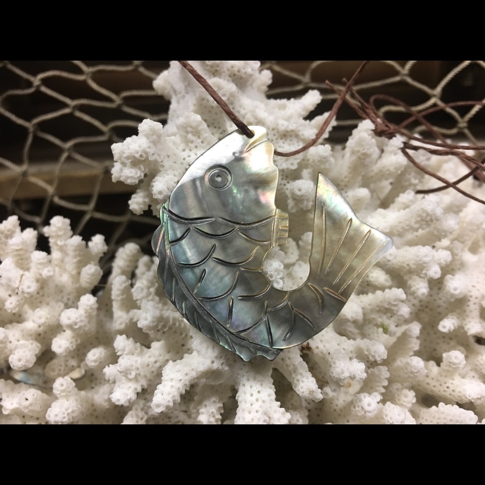 Black Mother of Pearl Hand Carved Fish Pendant